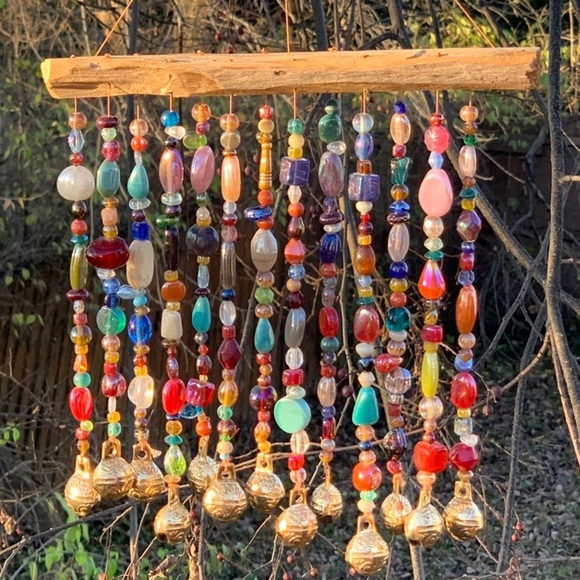Glass Beads & Bells Wind Chime Sun Catcher Mobile With Driftwood Made To Order - Picture 5 of 10
